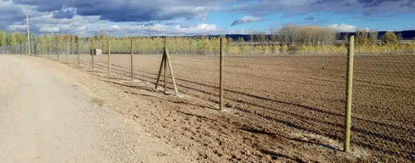 Detalle de instalación de cercado con malla y postes de madera