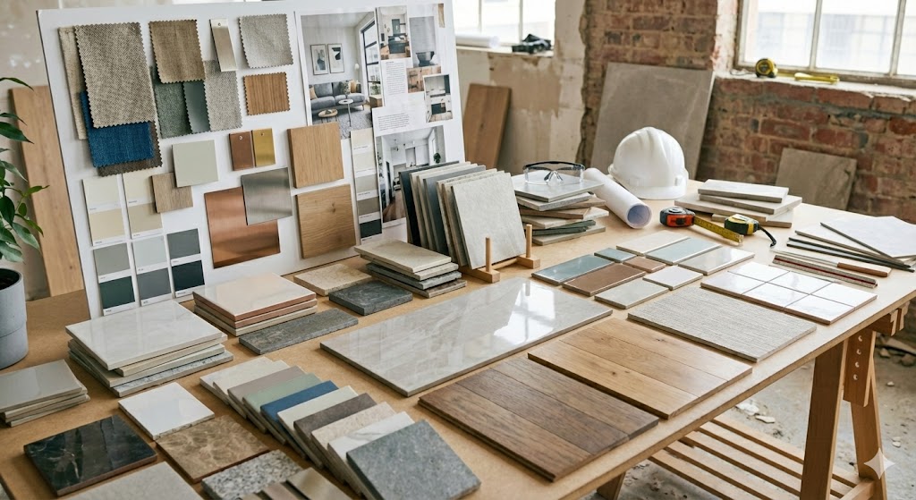 Muestras de suelos y revestimientos sobre mesa de trabajo para elegir acabados en reforma integral