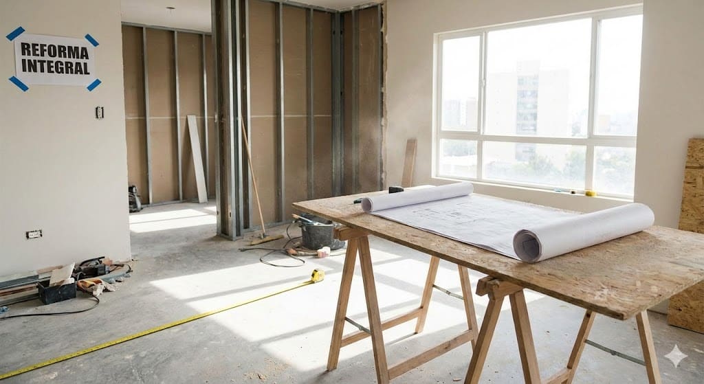 Salón moderno en reforma integral con planos, cinta métrica y luz natural