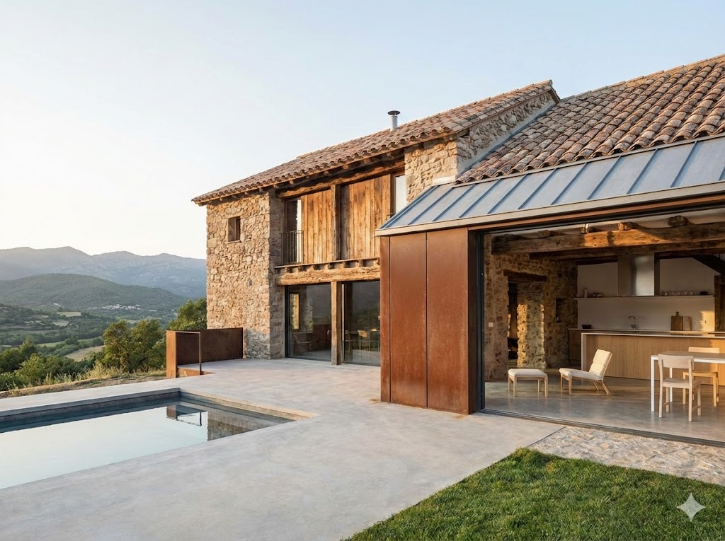 Casa rústica reformada manteniendo la estética original pero con materiales contemporáneos