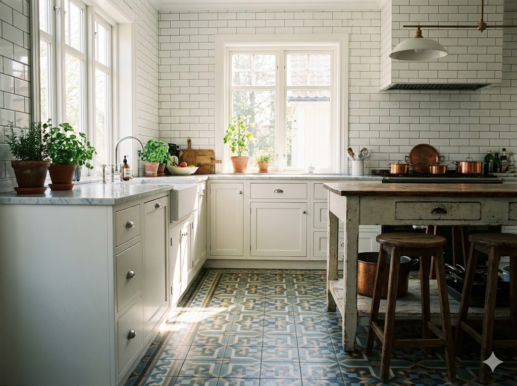 Cocina luminosa con azulejos de pared blancos y suelo hidráulico perfectamente colocado
