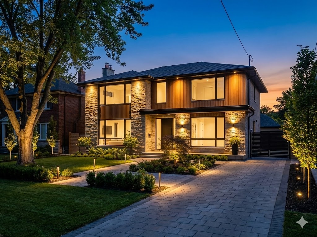 Casa moderna con fachada renovada mediante revestimiento de piedra natural y grandes ventanales
