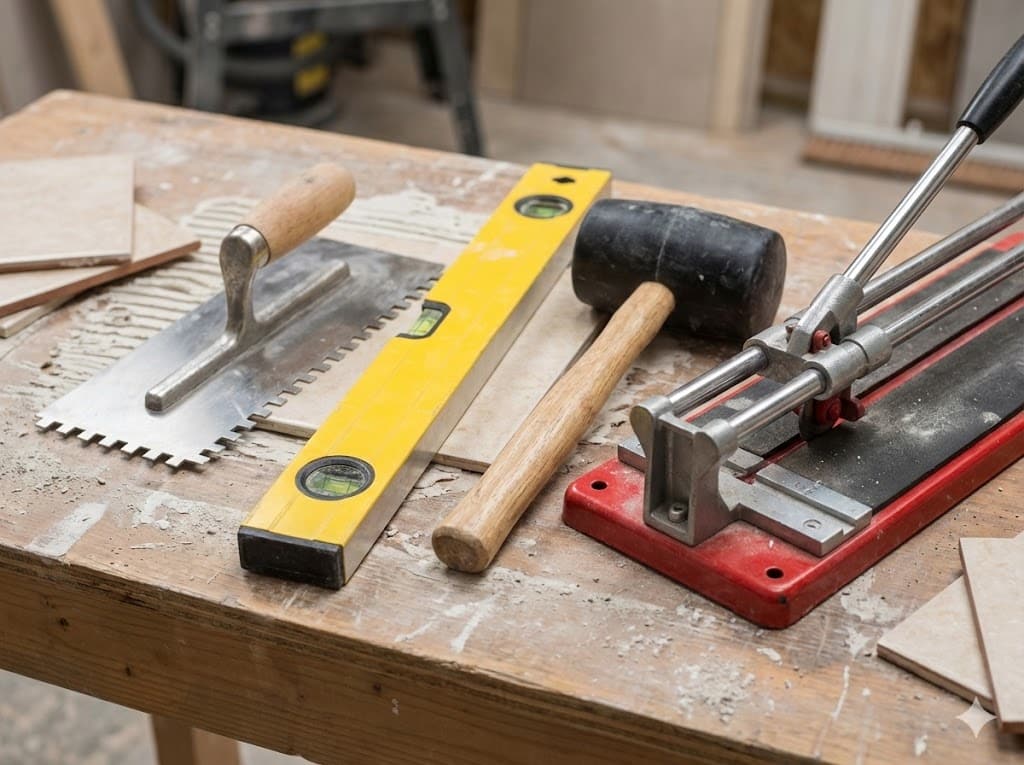 Herramientas básicas para alicatar: llana dentada, nivel de burbuja, maza de goma y cortadora