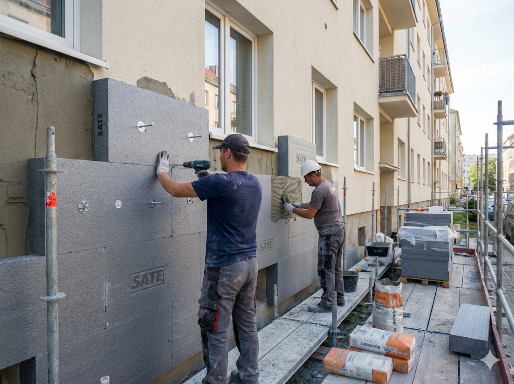 Instalación de paneles de aislamiento SATE en pared exterior