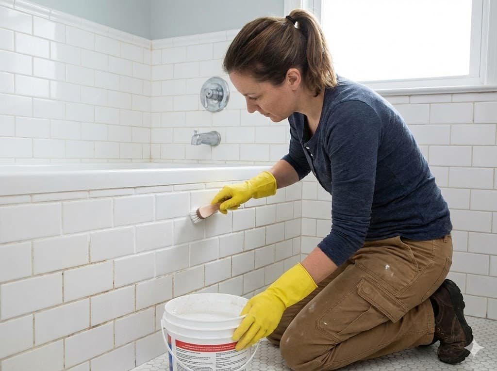 Persona limpiando las juntas de los azulejos del baño dejándolas blancas