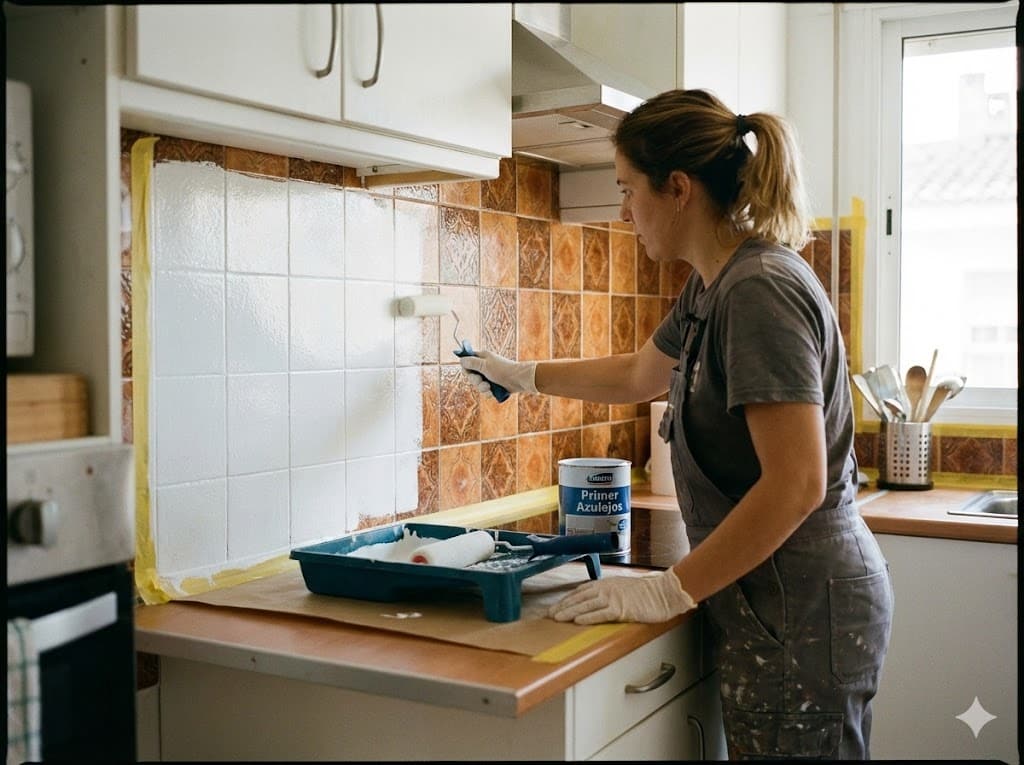 Proceso de pintado de azulejos de cocina con rodillo de espuma