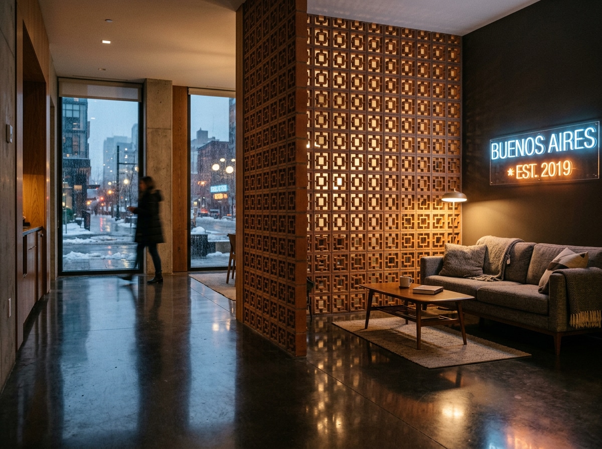 Celosía cerámica decorativa en un interior moderno separando ambientes con paso de luz