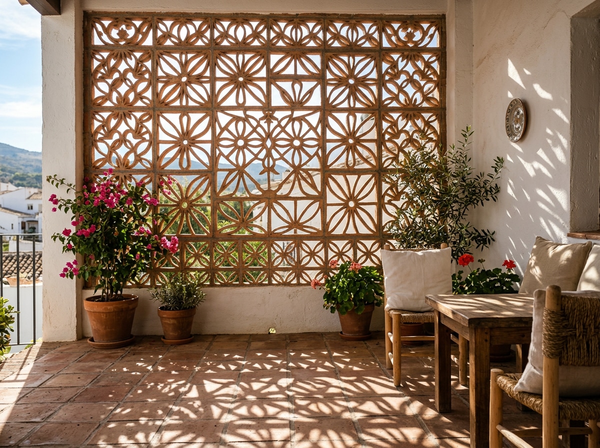Celosías cerámicas decorativas en terraza mediterránea con luz natural filtrada
