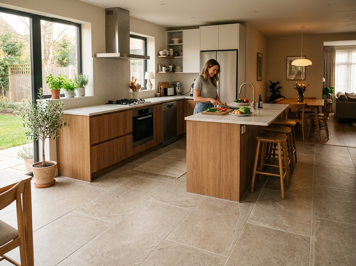 Cocina con suelo porcelanico resistente y calefaccion radiante