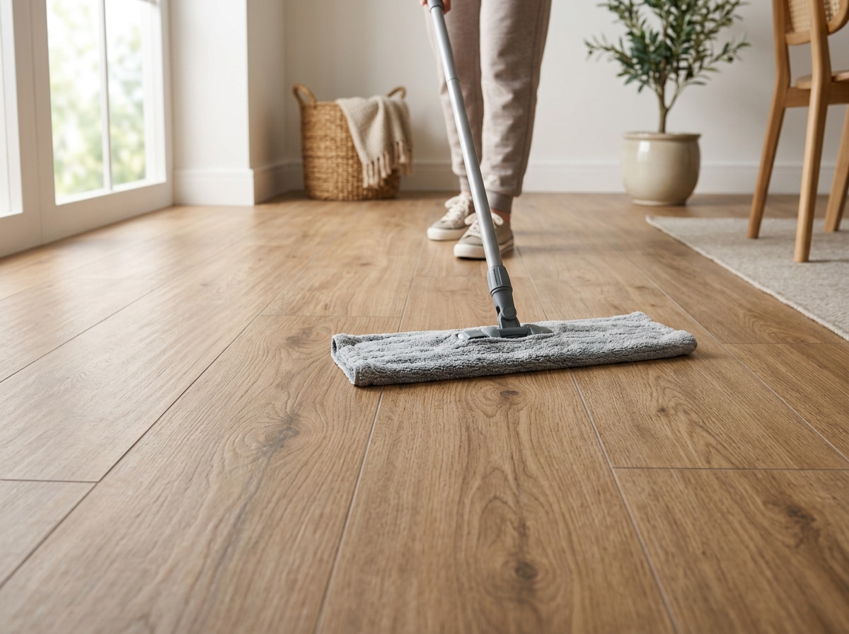 Suelo cerámico imitación madera limpiándose con mopa de microfibra sin dejar marcas