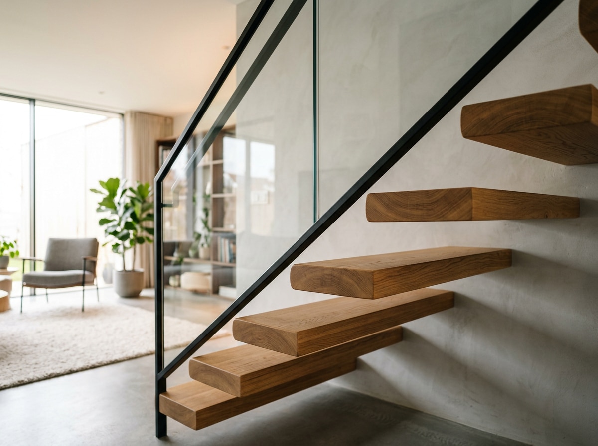 Escalón de madera en casa con escalera interior elegante y barandilla minimalista