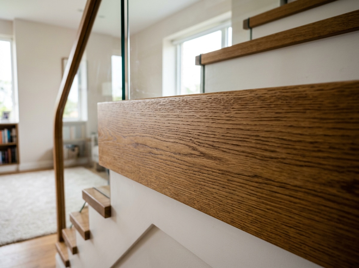 Detalle de huella de madera en escalera interior con acabado cálido