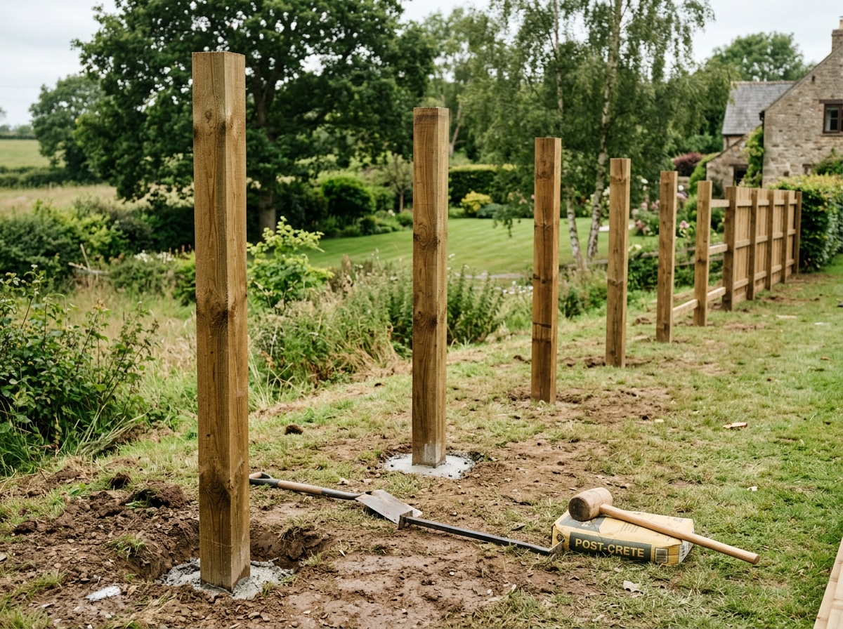 Instalación de postes de madera tratados para un cercado exterior
