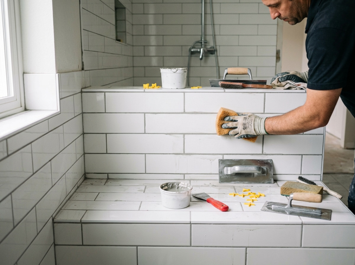 Tratamiento de azulejos en baño con limpieza de juntas y herramientas de colocación