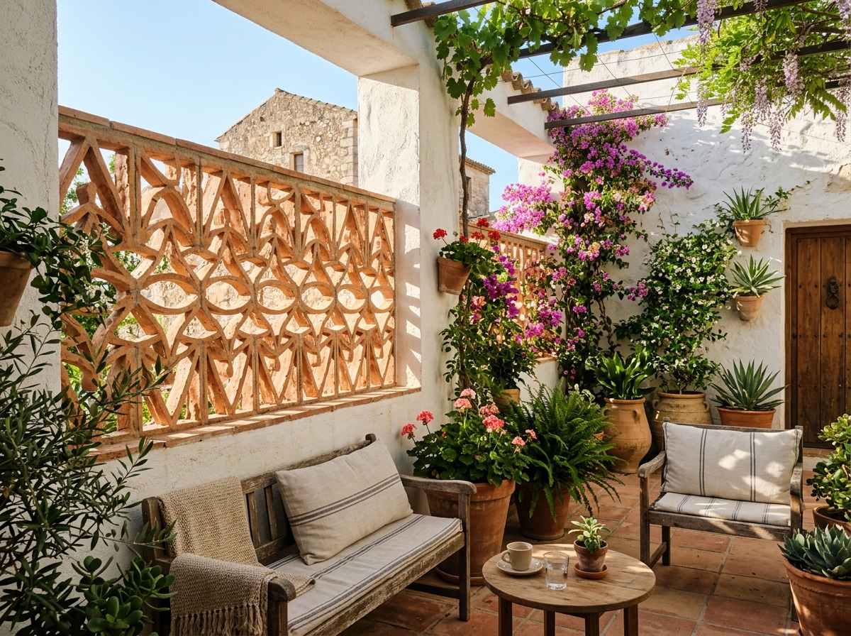 detalle de celosía exterior para jardín con ventilación natural