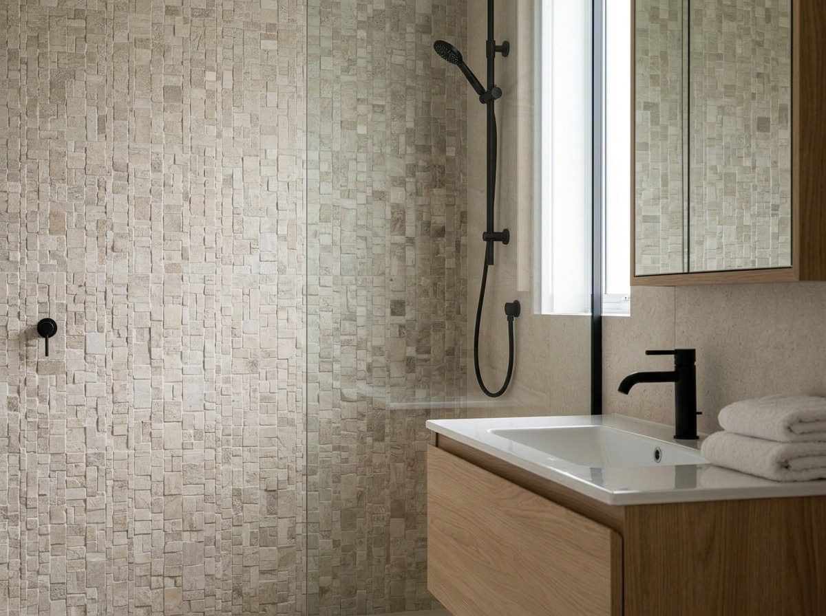 Detalle de revestimiento decorativo para pared de baño con textura premium