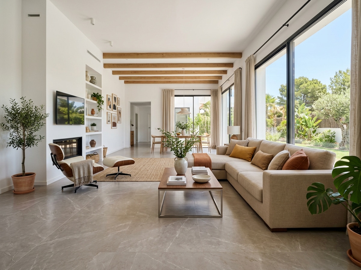 Salón luminoso en España con suelo porcelánico moderno de gran formato