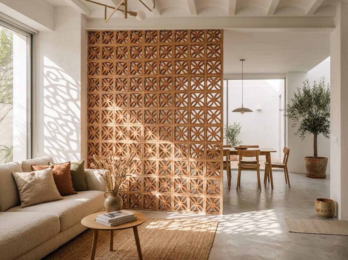 Separador de ambiente con celosías cerámicas en interior luminoso