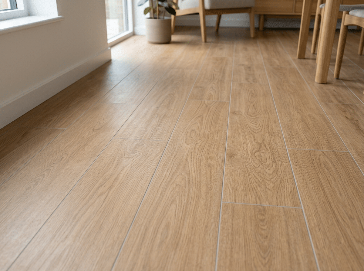 Detalle de pavimento cerámico efecto madera limpio y sin velo blanquecino