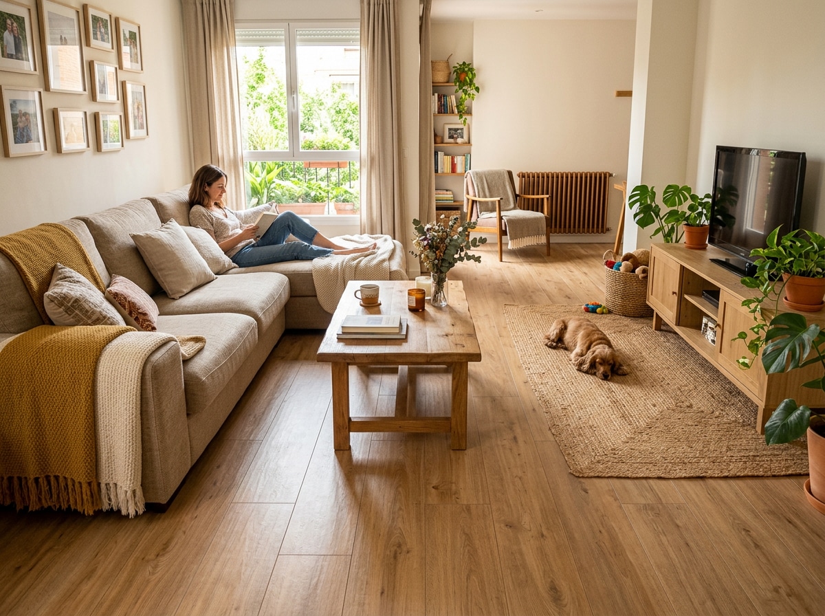 suelo porcelánico imitación madera en salón moderno con luz natural