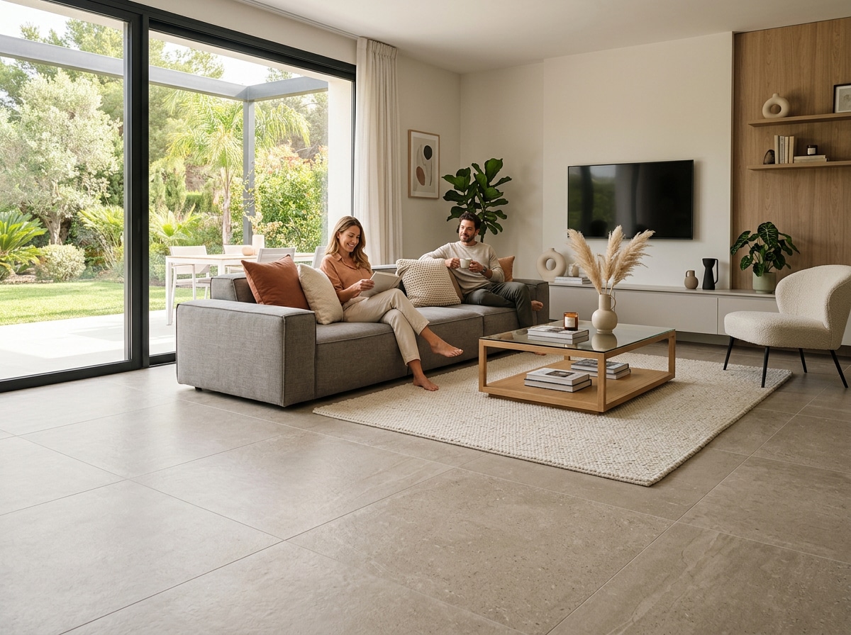 Suelo porcelánico para suelo radiante en un salón moderno con calefacción invisible