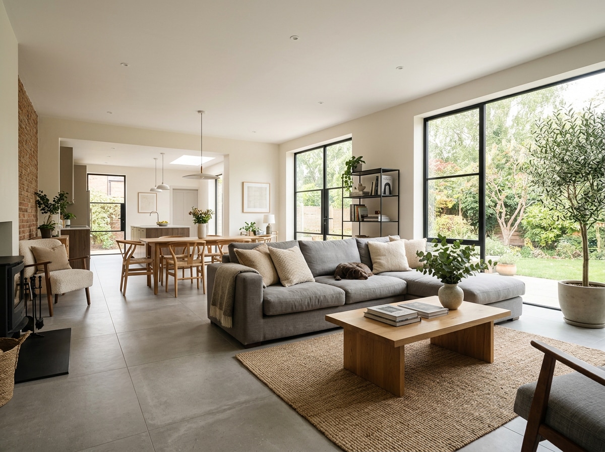 Suelo porcelánico renovado en una vivienda con salón luminoso y acabado moderno
