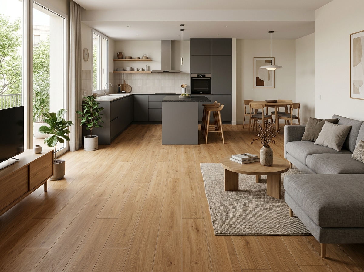 Salón con porcelánico imitación madera y muestra de tarima flotante