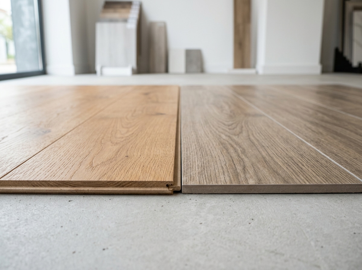 Detalle comparativo entre tarima flotante y porcelánico imitación madera