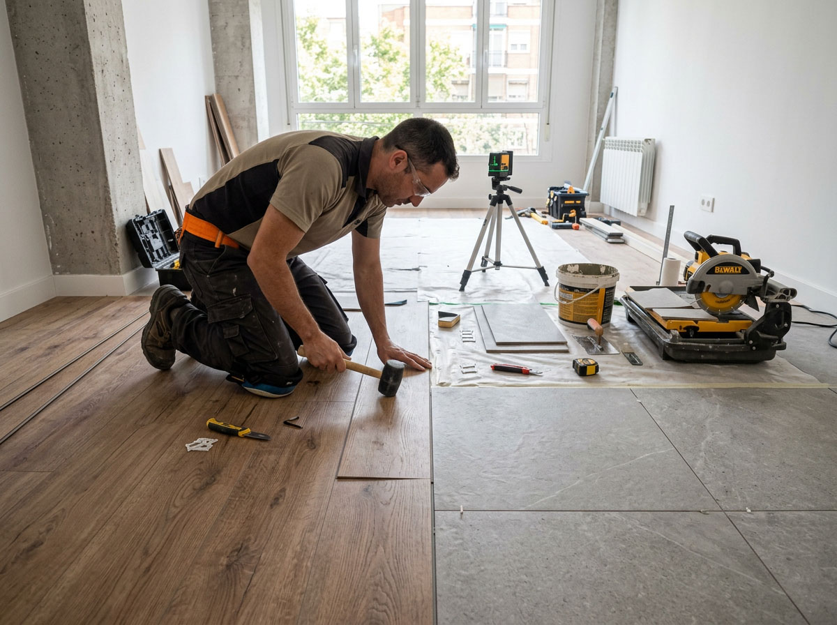 Instalación de pavimento durante una reforma de vivienda