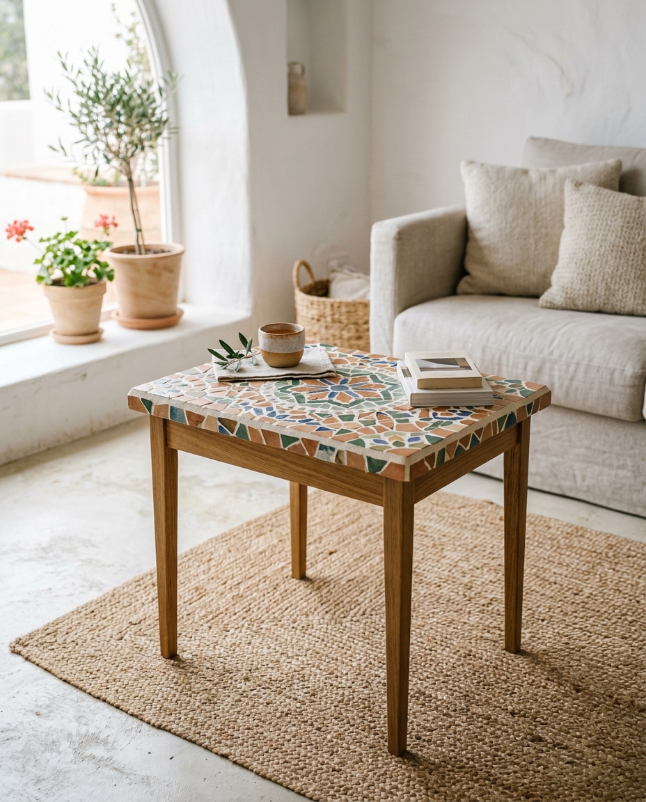 Cerámicas sobrantes reutilizadas en una mesa auxiliar decorativa