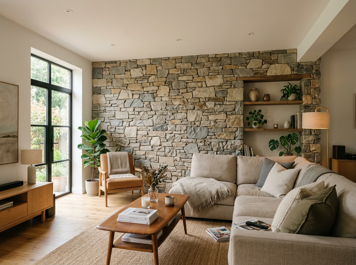 Revestimiento de piedra para pared interior en salón moderno