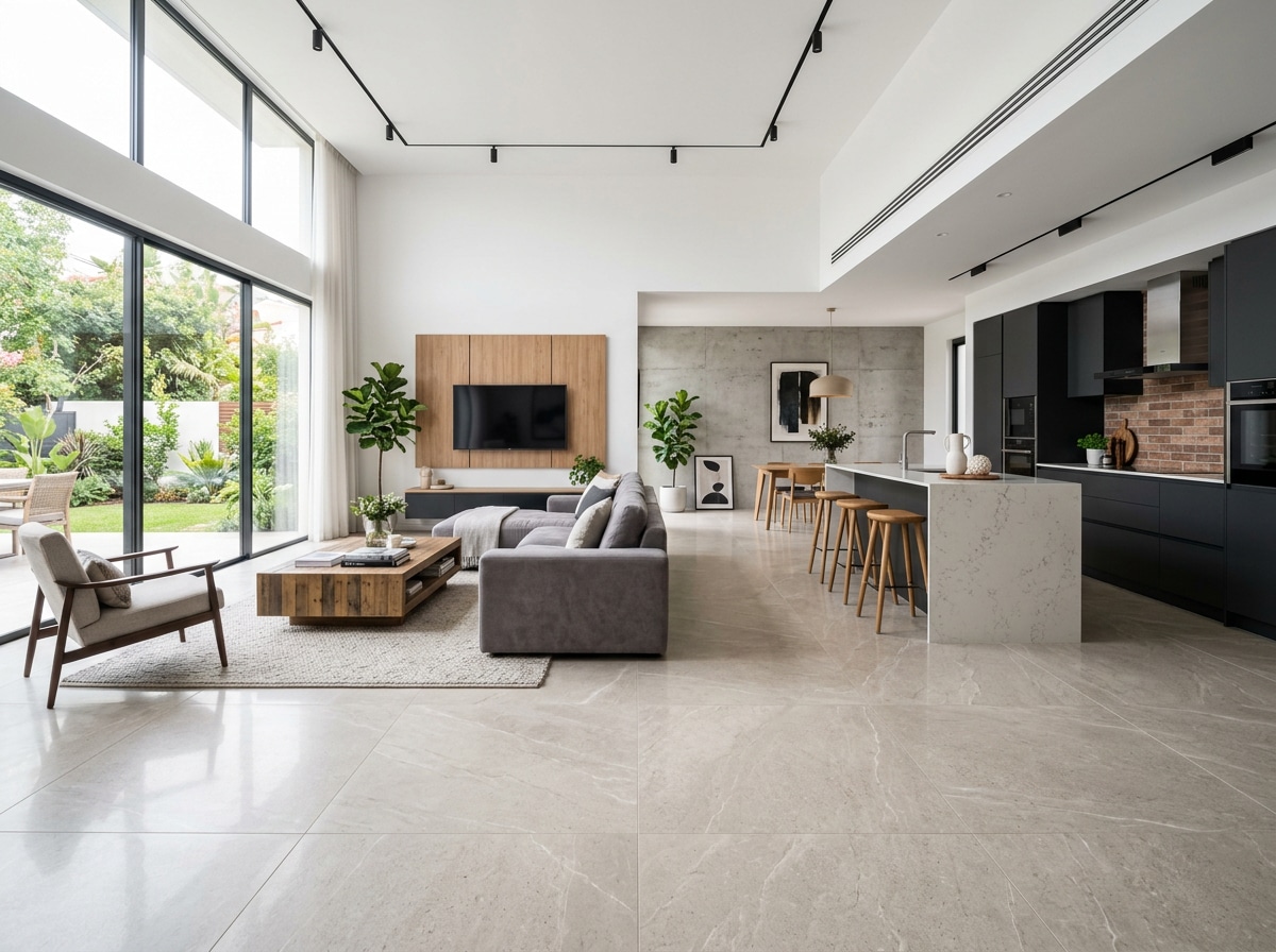 Suelo porcelánico en vivienda con salón y cocina integrados