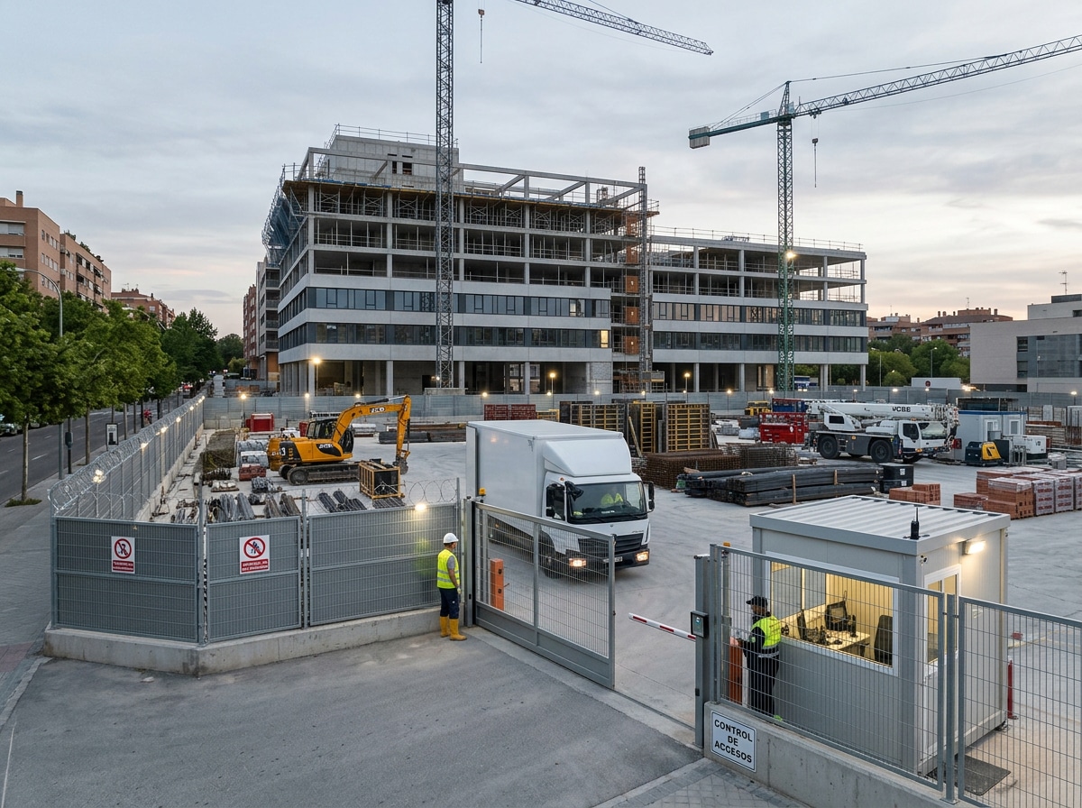 obra de construcción protegida con vallado perimetral, iluminación y control de accesos
