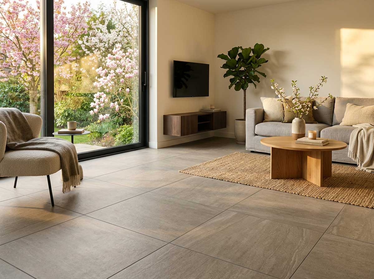 Suelo porcelánico greige mate de tono medio que disimula la suciedad en un salón moderno